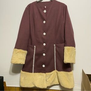 Penny Lane Style Jacket Coat Faux Fur Trim Pockets Lined Sz XL Purple